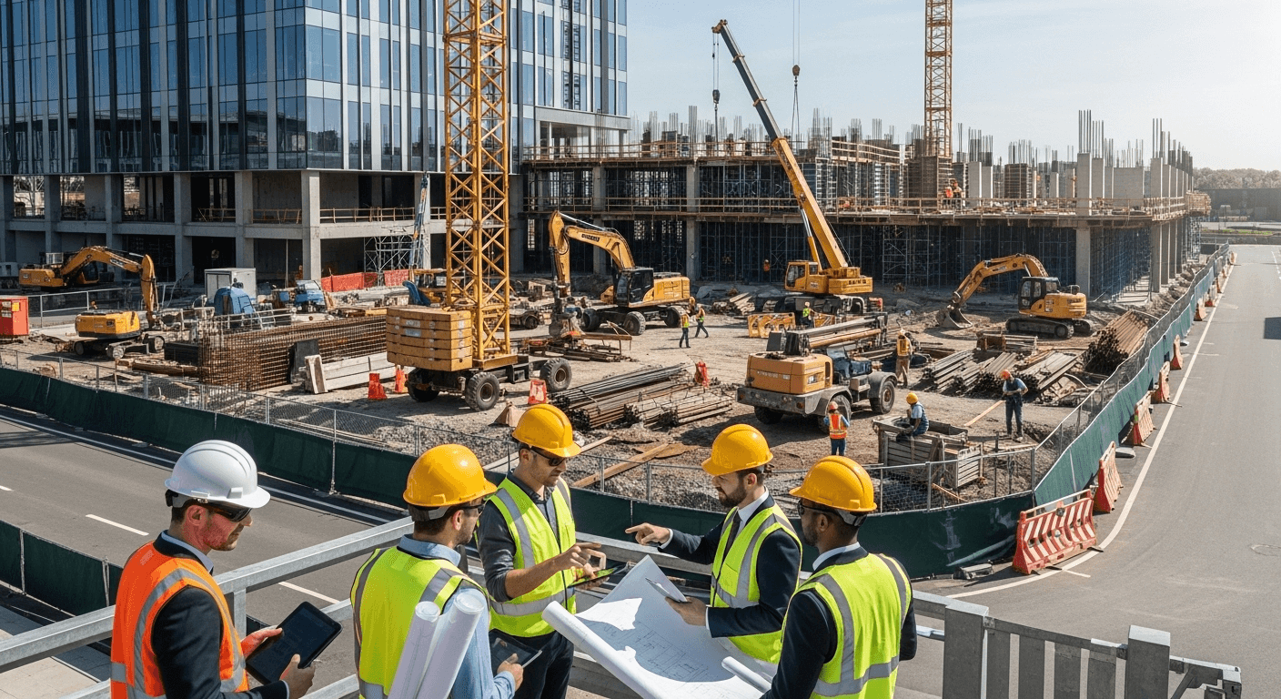 Construction professionals managing a large commercial building site