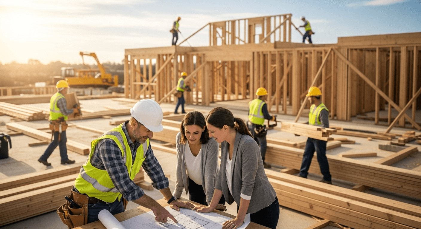 Homeowners reviewing building plans with their contractor on site