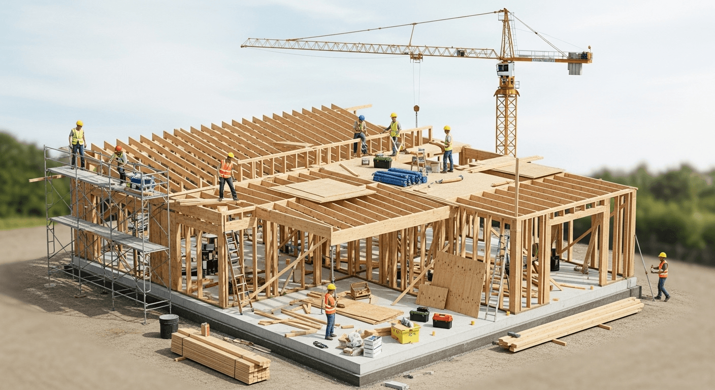 Timber-framed house under construction with crane and workers