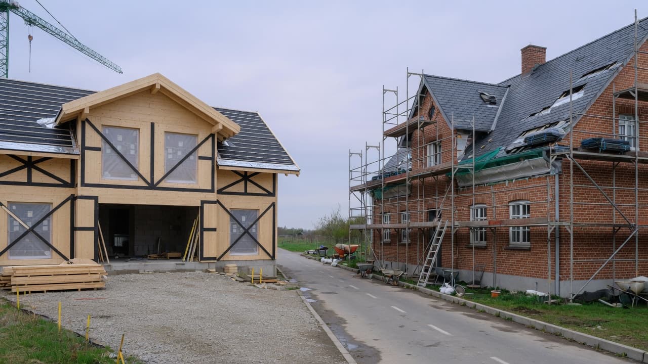 Two houses under construction in different building traditions on the same lane