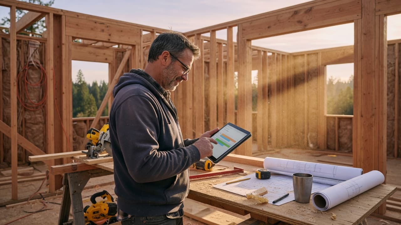 A self-build homeowner reviewing the project budget on a tablet inside a timber frame