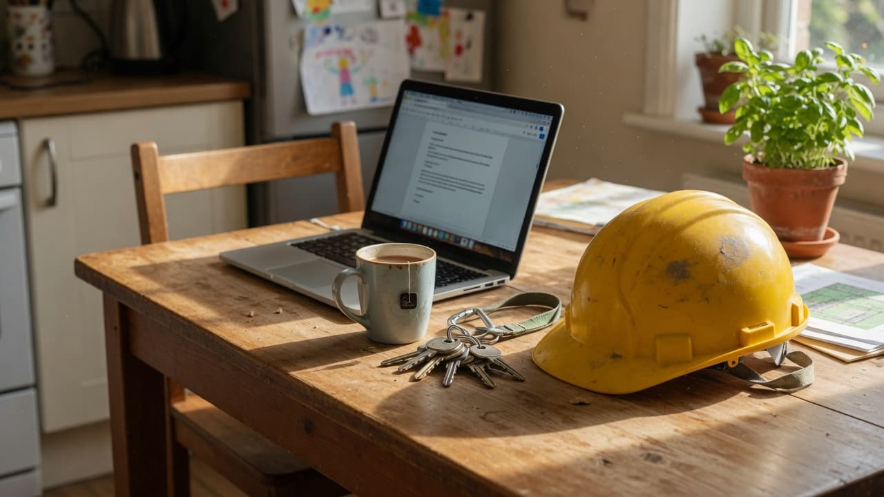 A kitchen table with a laptop, tea, and a hard hat after a visit to site