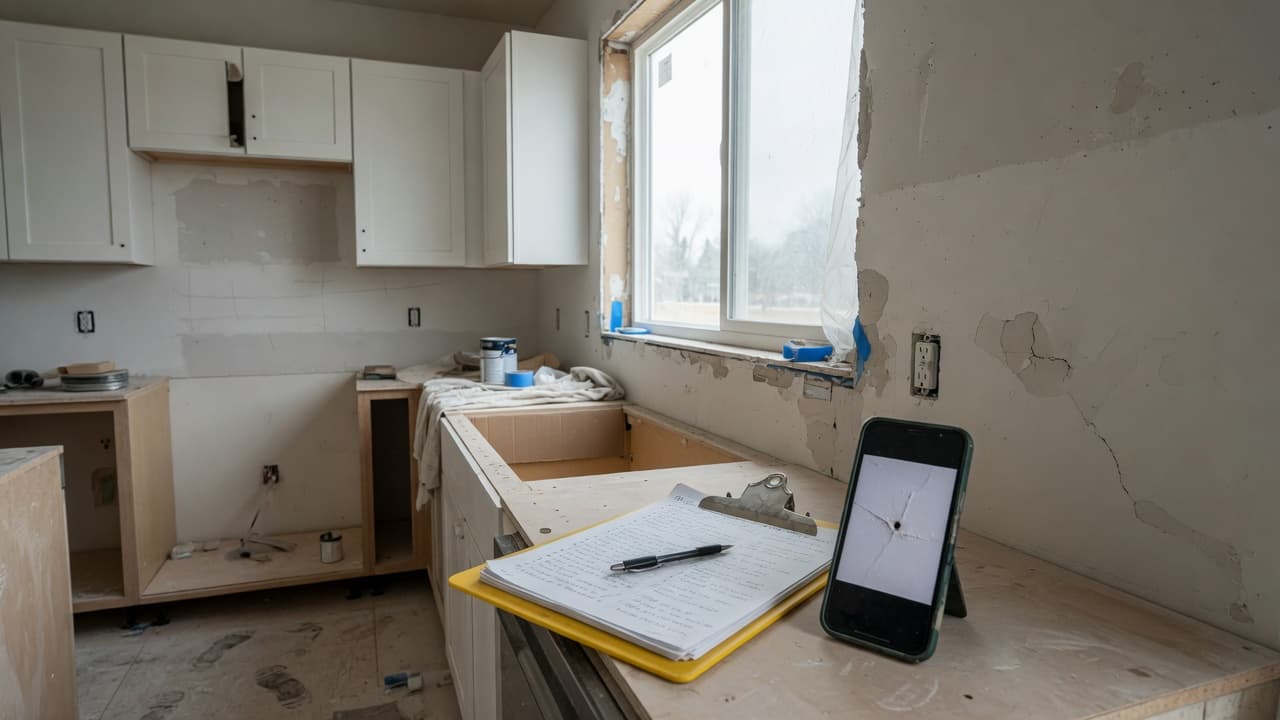 Photographing a small defect in a nearly finished kitchen during snagging
