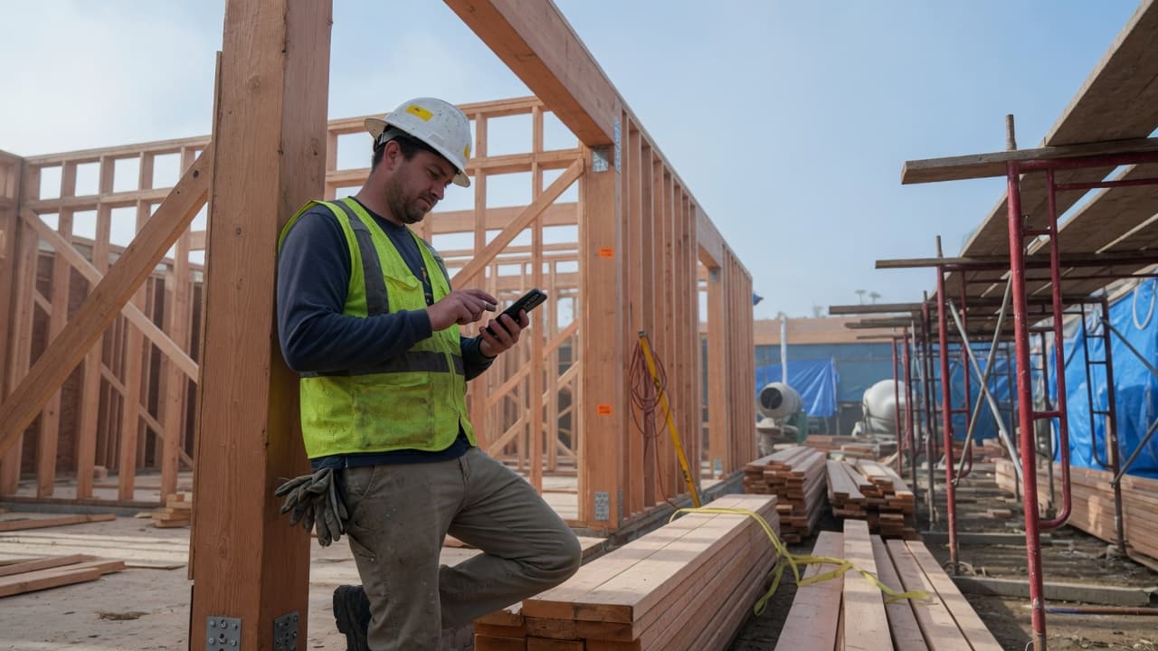 A trade on site logging hours on a phone beside a timber frame