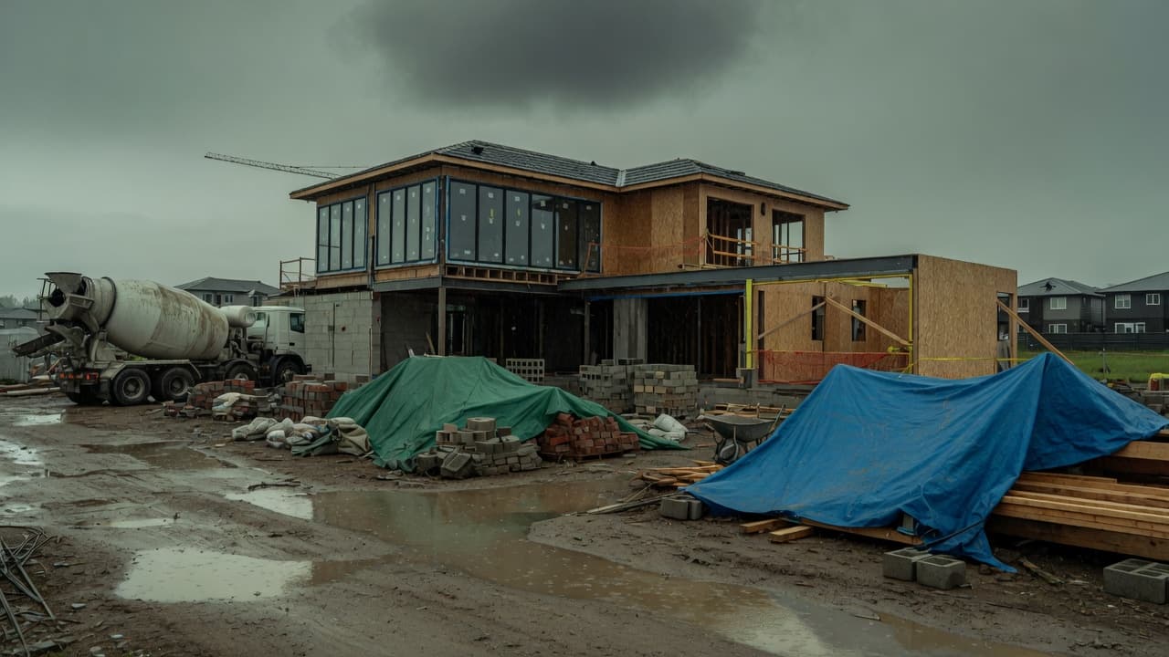 A half-built house under a heavy sky with materials covered against rain